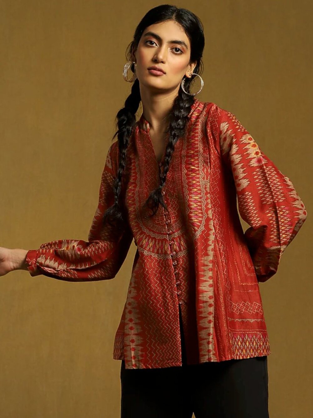 Ritu Kumar Orange Cotton Silk Printed Kurta Top
